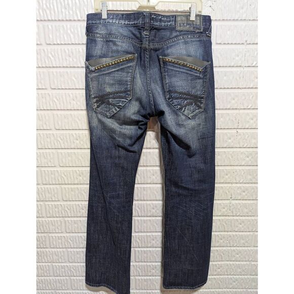 Express Men's Blue Distressed Rocco Slim-Fit Low-Rise Boot Cut Jeans Size 32 x 3 - Picture 2 of 8